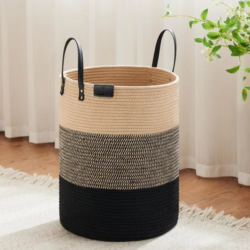 Miniatura 30 de VIPOSCO Cesta alta para ropa sucia, cesta grande para ropa sucia con mango de cuero, cesta de almacenamiento de cuerda tejida para manta, juguete