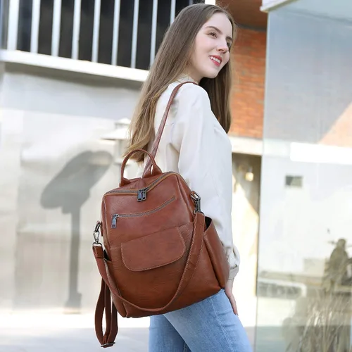 Miniatura 3 de Mochila de Moda para Mujer Bolso Impermeable Mochilas Escolares Viajes Compras Mochila Convertible Bolsa de Hombro para Damas Rojo-Marrón