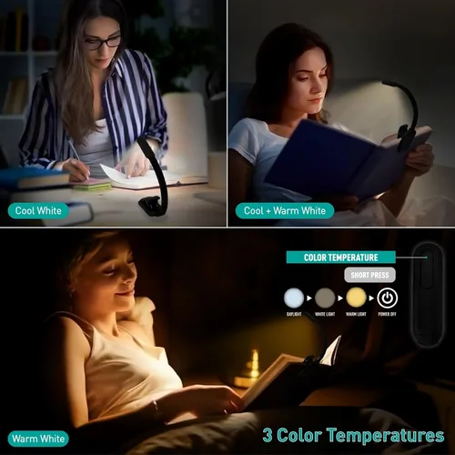Miniatura 3 de Luz de libro recargable para lectura, luz de clip de 9 LED para el cuidado de los ojos con 9 temperaturas de color, atenuación continua, batería
