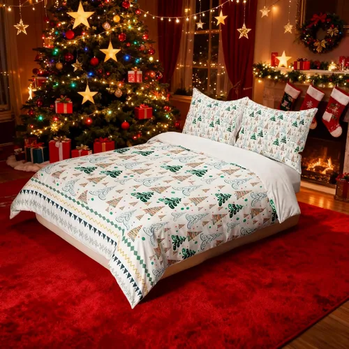 Miniatura 45 de Juego de funda de edredón para niños con diseño de Navidad, tamaño individual, camiones rojos y árboles de pino con copos de nieve, decoración