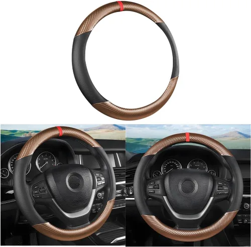 LoyaForba Funda de volante de fibra de carbono para coche, cuero de microfibra transpirable para mujeres y hombres, protector de volante Café