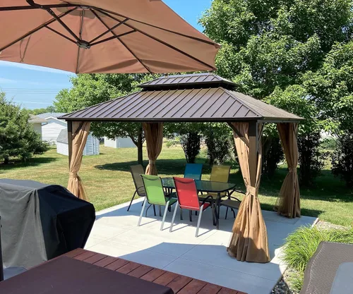 Miniatura 50 de Domi - Cenador permanente de metal con techo rígido de 8 x 8 pies, con doble techo de acero galvanizado, cortinas y malla para fiestas, bodas, Gris