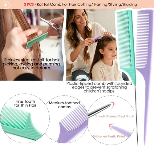 Miniatura 4 de Peines de pelo para mujeres y hombres, peine de dientes anchos grandes, dientes finos, peine de cola de rata, juego de peines para desenredar