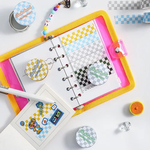 Miniatura 5 de BWESOO Cinta decorativa Washi cinta adhesiva compacta con patrón de tablero de ajedrez, cinta de papel DIY resistente a la decoloración para artes