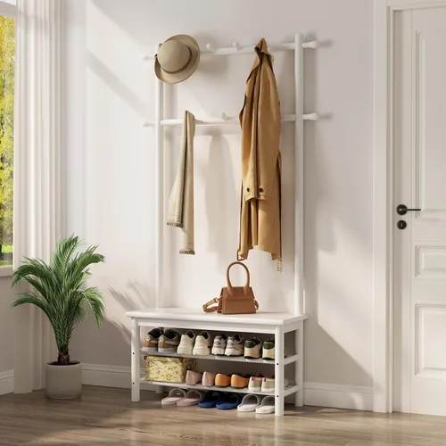 Miniatura 7 de AQIMUELE Perchero con almacenamiento de zapatos, árbol de pasillo de madera con banco, 11 ganchos y estantes de almacenamiento de 2 niveles, 3 en 1