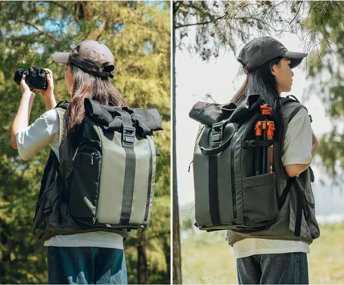 Miniatura 6 de Mochila impermeable para cámara Besnfoto, bolsa de fotografía con tapa enrollable para cámara DSLR SLR sin espejo con compartimento para laptop
