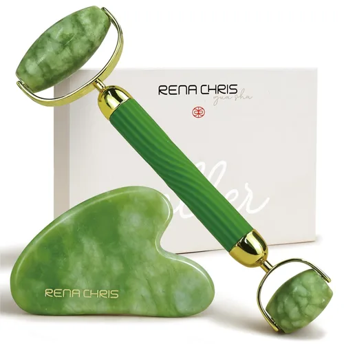 Rena Chris Juego de Gua Sha y Rodillo Facial: Rodillo de Jade Anti-Rotura para Uso Duradero, Escultura de la Línea de la Mandíbula y Reducción de