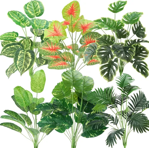 Yunlly 6 piezas de plantas tropicales artificiales de 32 pulgadas, hojas de palmera falsas, plátano, Monstera, hojas de tortuga, palmera perenne,