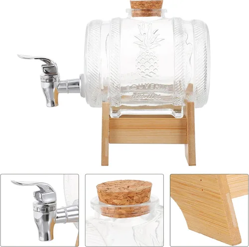 Miniatura 7 de Hemoton Dispensador de barril de vino de vidrio vintage con grifo y estante de bambú de 8.07 pulgadas para whisky ron bourbon servir en fiestas