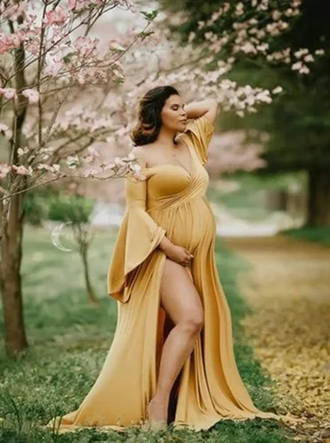 Miniatura 2 de ZIUMUDY Vestido de maternidad con hombros descubiertos y mangas acampanadas, maxi vestido de fotografía para baby shower