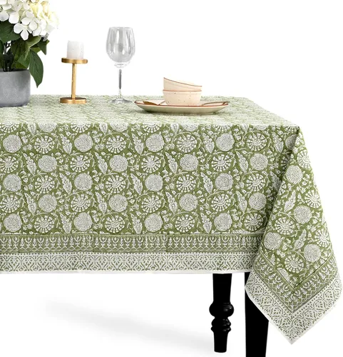 Miniatura 20 de CPC - Mantel cuadrado 100% algodón, 60 x 60 pulgadas, estampado de bloques indios, mantel para bodas, primavera/verano, barbacoa, verde ágata