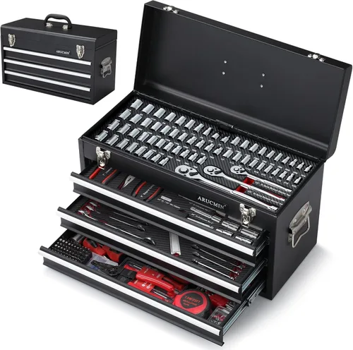 Juego de herramientas mecánicas de 438 piezas con caja de metal resistente de 3 cajones, kit de herramientas de reparación -02