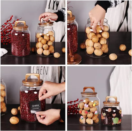 Miniatura 3 de SAIOOL Set de 2 Recipientes, Recipientes de Cocina de Vidrio con Tapa Hermética de Acacia, Tarro Alto Transparente Hermético para Almacenamiento