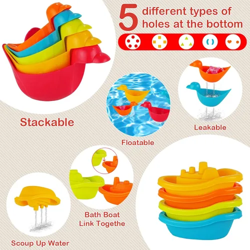 Miniatura 3 de Juguetes de baño para bebés para niños, 12 juguetes de baño sin moho para niños pequeños con botes flotantes, regadera, patos flotantes y cucharas