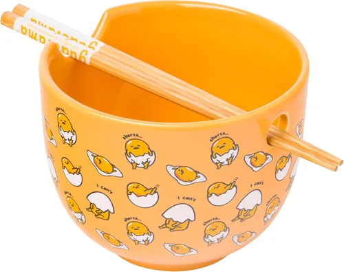 Silver Buffalo Sanrio Hello Kitty and Friends Gudetama I Can't Lazy Yellow Egg - Tazón de cerámica para ramen y arroz con palillos, apto para