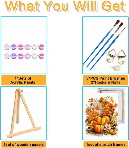 Miniatura 5 de Meothan Kits de pintura por números para adultos enmarcados, pintura de otoño por números para adultos principiantes, kits de pintura de calabaza