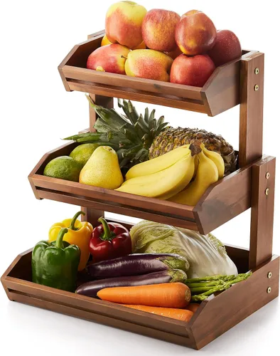 Miniatura 8 de HOLANA Cesta de frutas de 2 niveles de acacia para organizador de encimera de cocina – Tazón de frutas de madera y cesta de madera