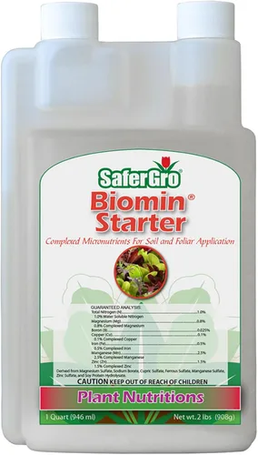 SaferGro Biomin® Starter, fertilizante líquido, minerales complejos para deficiencia o suplemento, aplicación de suelo y foliar, 1 cuarto de galón