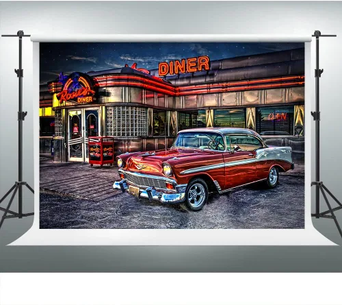 Miniatura 6 de Telón de Fondo de Rock Roll de los 50s para Diner, 1950s Coche Vintage Retro Nostalgia para Fotografía, 1.5x0.9m Telón de Fondo para Fotos