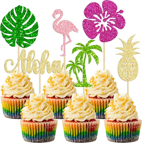 Miniatura 11 de 36 piezas de adornos para cupcakes de piña verde con purpurina verde para Luau despedida de soltera, fiesta de verano tropical, decoración