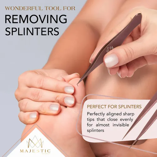 Majestic Bombay Pinzas de punta fina para mujeres y hombres – Garrapatas astilladas, depilación facial, cejas y encarnados – afiladas, nariz de
