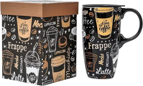 Miniatura 13 de Taza de café de cerámica de 17 onzas con asa y tapa, taza de viaje alta de porcelana con patrón de arte moderno abstracto, apta para microondas
