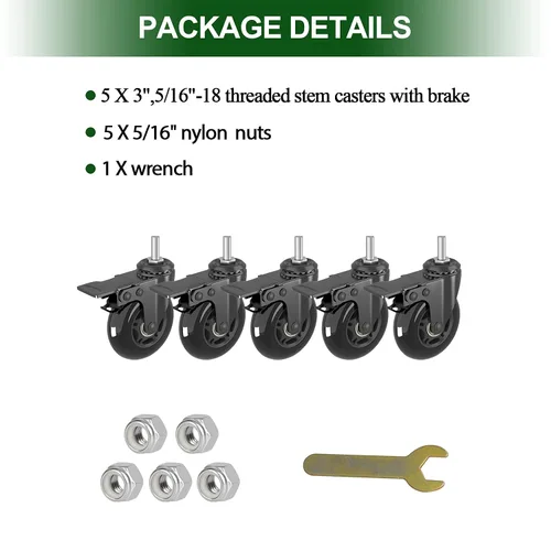 Miniatura 7 de Juego de 5 ruedas giratorias con frenos de metal, ruedas giratorias resistentes de 3 pulgadas con vástago roscado UNC de 5/16 a 18 pulgadas, ruedas