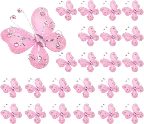 Mariposas de organza, 24 piezas de alambre de malla transparente con purpurina de tela de mariposas, bodas, fiestas, ropa, decoración, suministros
