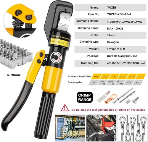 Miniatura 2 de YUZES Herramienta de Prensado Hidráulica de 10 Toneladas, Herramienta de Crimpado de Cable de Batería de 12 AWG a 2/0 con 9 Troqueles, Kit