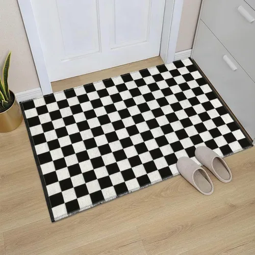 Seavish Alfombra a Cuadros, 2x3 Pies, Alfombra Marroquí a Cuadros Negra y Blanca, Lavable, de Algodón Tejido, Alfombras Lavables para Exteriores,
