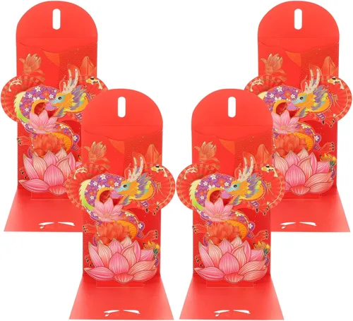 Vaguelly Sobres rojos de año nuevo 3D 2024, 4 unidades, loto chino, carácter, año del dragón, Fengshui, Fortuna, sobre Hong Bao Lucky Money Red