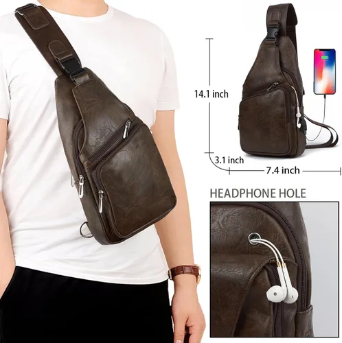 Miniatura 2 de Bolso bandolera de cuero para hombre, impermeable, bandolera con puerto de carga USB, bolsa de hombro, Café Oscuro, talla única, Viajar