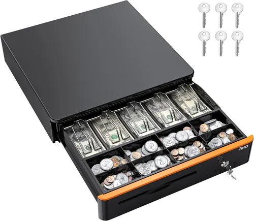 Miniatura 9 de Tera Cajón de caja registradora de 13" con apertura automática, resistente, con bandeja extraíble totalmente insertable, 5 teclas, 4 para billetes