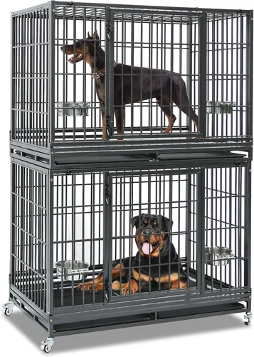Miniatura 11 de Homey Pet Paquete de 2 jaulas apilables de tres niveles de 43 pulgadas para perros con ruedas, jaula de acero indestructible para perros