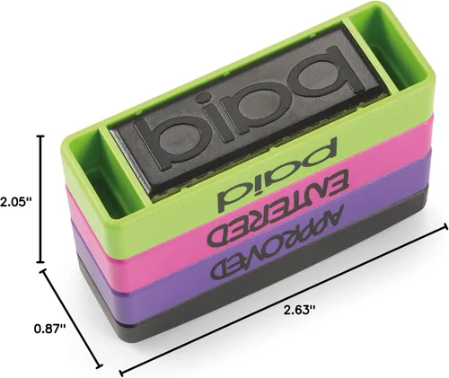 Miniatura 7 de Stakz - Sello de mensaje preentintado – Aprobado, ingresado, pagado – tinta púrpura, rosa, verde – Tamaño de impresión: 5/8 "x 1-13/16