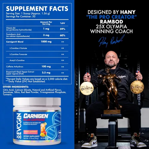 Miniatura 3 de Evogen Carnigen Plus Caffeine - Polvo de carnitina premium Apoya el metabolismo de las grasas y promueve la recuperación Matriz de suplemento