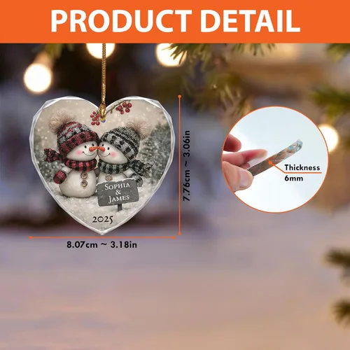 Miniatura 6 de Noni Adorno personalizado de cristal de corazón para parejas, nombres personalizados impresos y año 2026, muñeco de nieve para parejas, recuerdo