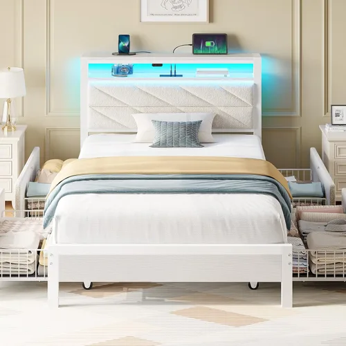 Miniatura 21 de Seventable Base de cama tamaño Queen con estación de carga, cama LED con cabecera de almacenamiento tapizada, cama de plataforma de metal con Gris