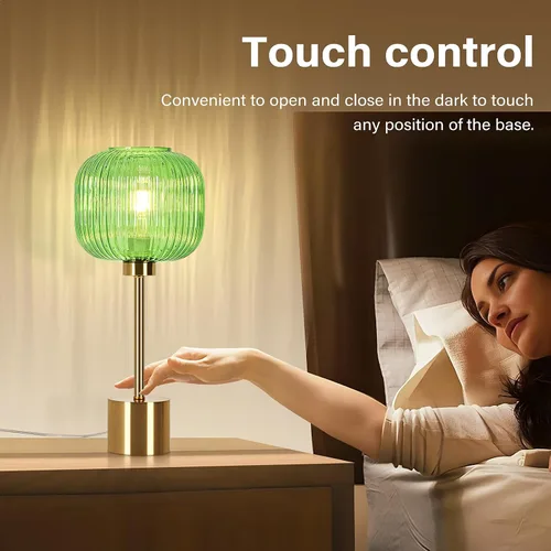 Miniatura 3 de Lámpara de mesa de cristal verde con 3 vías regulable y control táctil, lámpara de mesita de noche vintage moderna de mediados de siglo