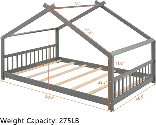 Miniatura 2 de Montessori - Marco de cama de suelo tamaño matrimonial, marco de cama de piso completo con cabecero, estribo y listones, marco de cama Montessori