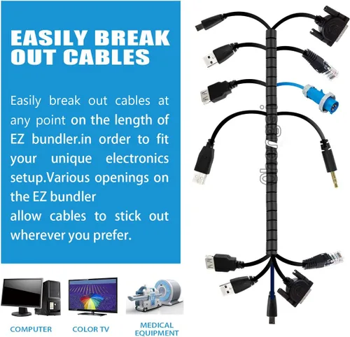 Miniatura 4 de Funda organizadora para cables, tubo en espiral, para el hogar, oficina, PC, TV (longitud negra, 59 pulgadas de diámetro, 1.1 pulgadas)