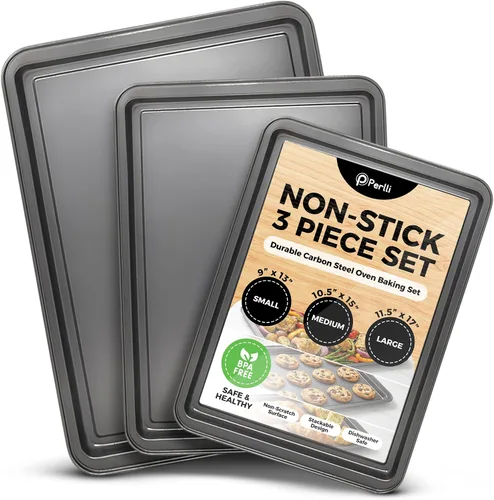Miniatura 8 de Perlli Juego de 10 moldes para hornear antiadherentes de acero al carbono, gris para horno, 2 hojas de galletas, 2 moldes redondos para pasteles
