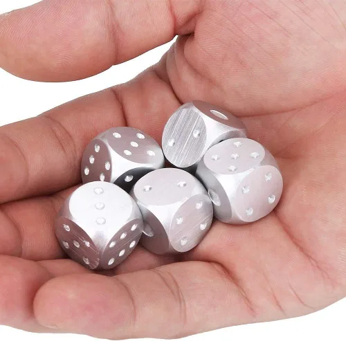 Miniatura 4 de Juego de dados de aleación de aluminio, 5 piezas con caja de almacenamiento, dados metálicos dorados o plateados de 1.6 pulgadas para juegos de mesa