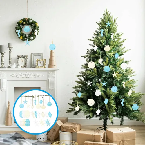 Miniatura 5 de 30 piezas de adornos de estrella de mar de resina, caballito de mar, sanddollar, concha y conchas marinas con cuerda para árbol de Navidad, adornos