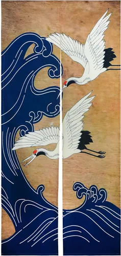 Miniatura 9 de LIGICKY Cortina de puerta Noren japonesa retro de lino blanco con estampado de ondas azules, tratamiento de ventana asiática, tapiz de puerta