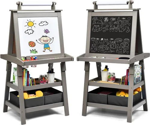 Miniatura 10 de Costzon Caballete de arte para niños, caballete de pintura de doble cara 3 en 1 con pizarra blanca magnética, pizarra y rollo de papel, estante
