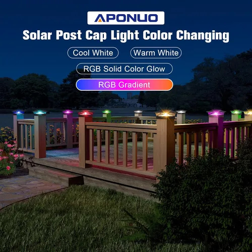 Miniatura 4 de APONUO - Luces solares para punta de poste con 8 colores RGB sólidos y flujo multicolor - Paquete de 4 luces solares para postes de 6x6, IP65