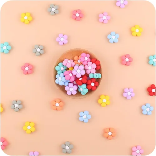 Miniatura 7 de Decoendiy 15 cuentas de silicona de flores de margarita, cuentas coloridas en forma de girasol, cuentas planas de dibujos animados, cuentas