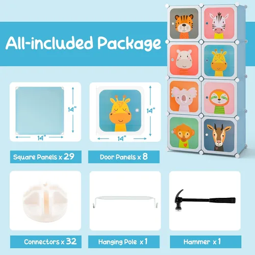 Miniatura 7 de HONEY JOY Armario para niños, organizador de almacenamiento de ropa de dibujos animados para bebés, 8 cubos y 2 secciones para colgar, armario Azul