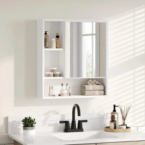 Miniatura 6 de ChooChoo Armario con espejo de pared para baño, botiquín con puerta única y estante ajustable, gabinete de almacenamiento para ahorrar espacio sobre